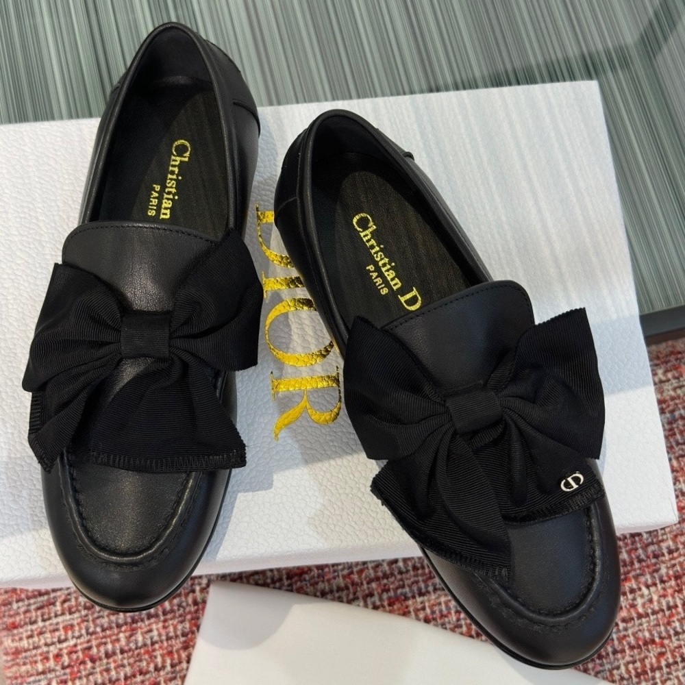 Women's Christian Dior Black Leather Bow-Detail Loafers✨✨
